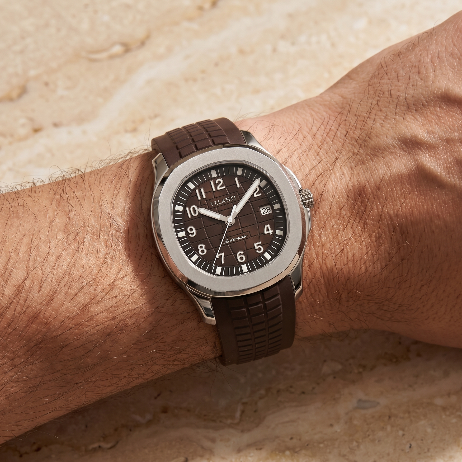 Aquanaut-style custom mod watch, Velanti Milano Velnaut Brown worn on wrist photo 3