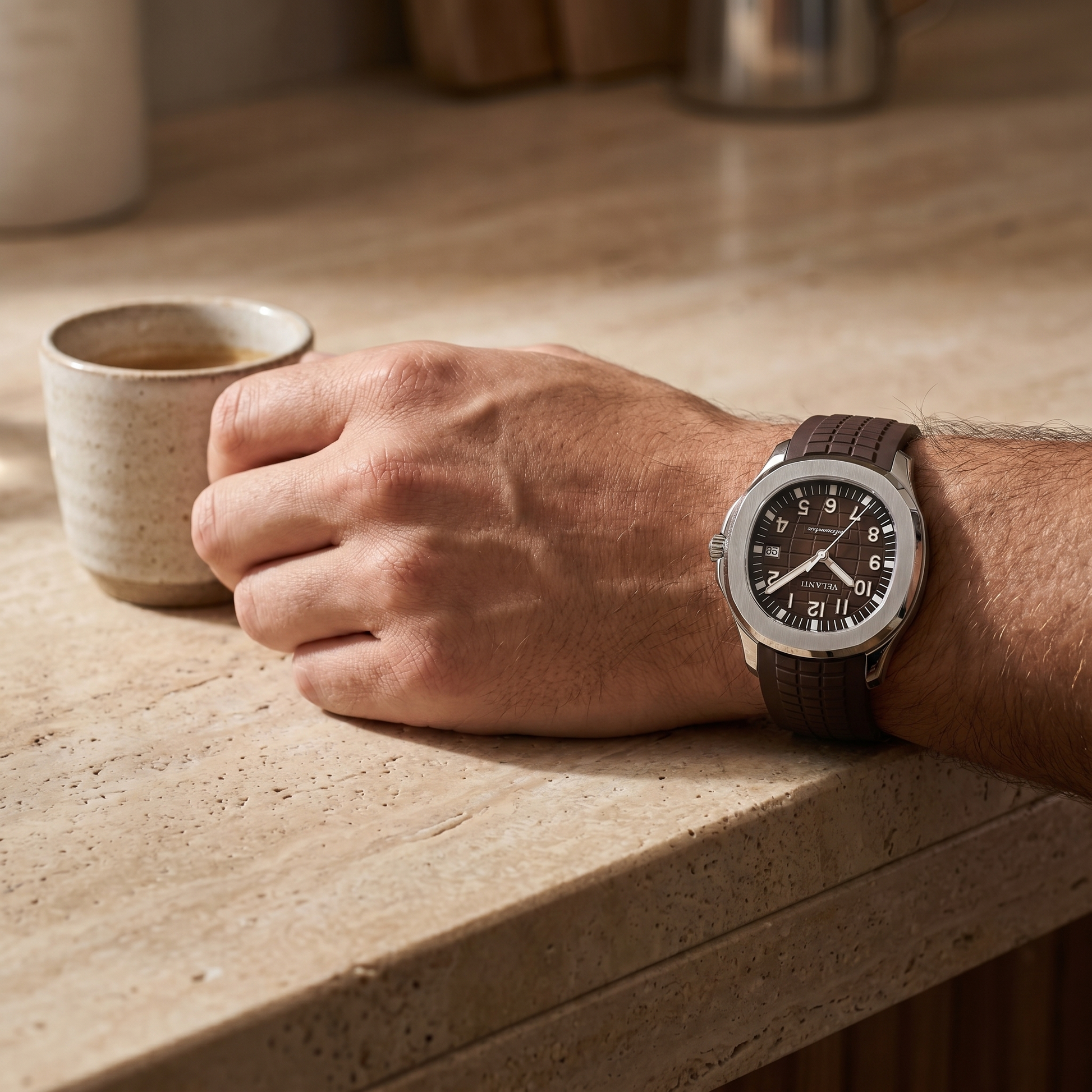 Aquanaut-style custom mod watch, Velanti Milano Velnaut Brown worn on wrist photo 5