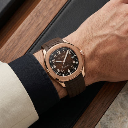Aquanaut-style custom mod watch, Velanti Milano Velnaut Brown (Rose Gold) worn on wrist photo 12