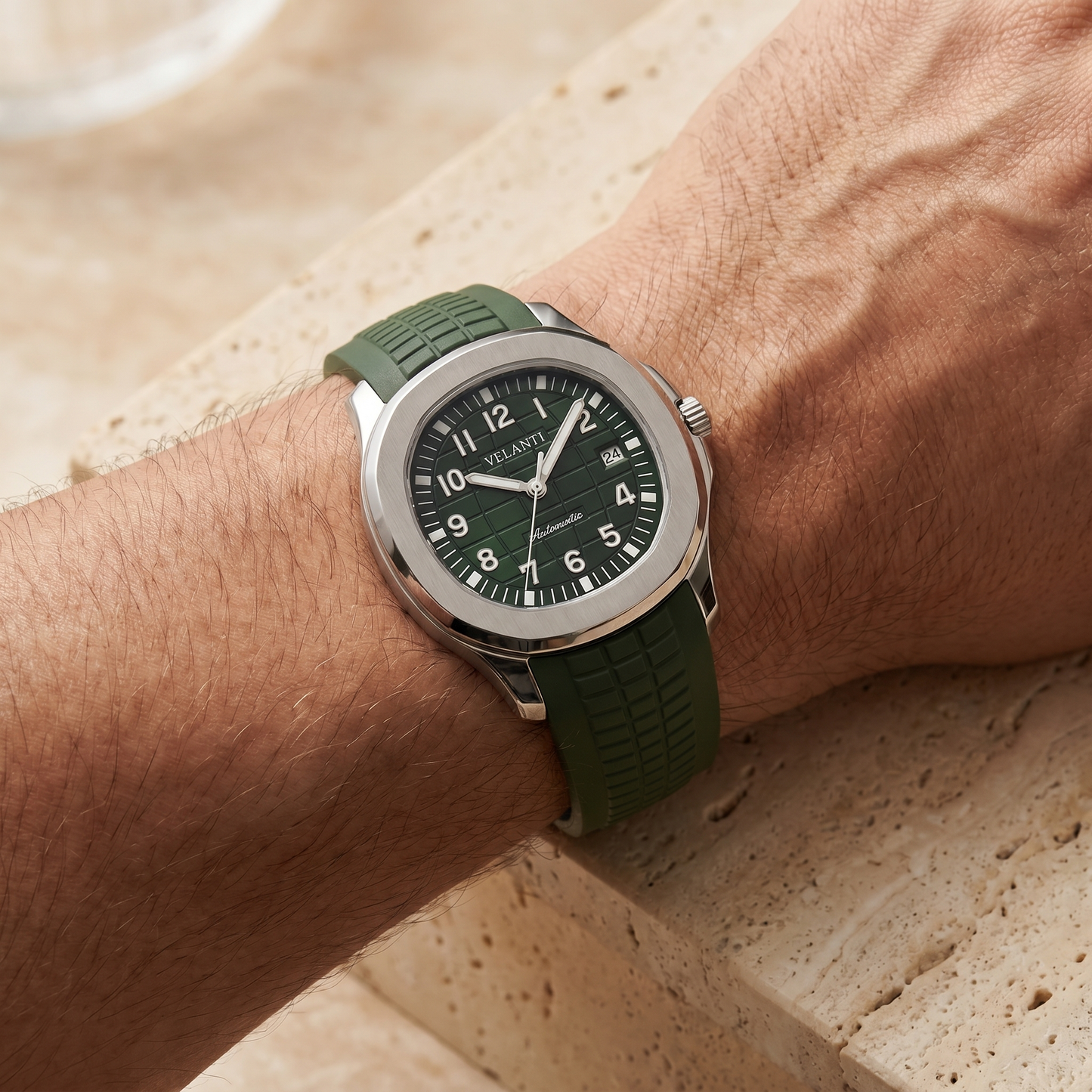 Aquanaut-style custom mod watch, Velanti Milano Velnaut Green, product photo 2