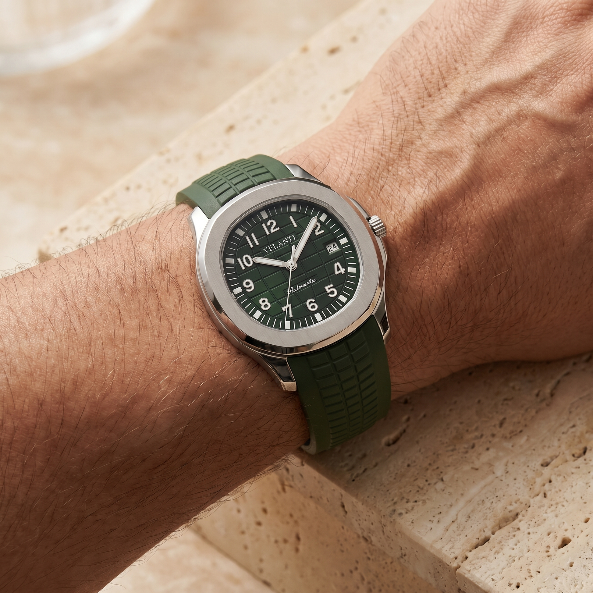 Aquanaut-style custom mod watch, Velanti Milano Velnaut Green, product photo 2
