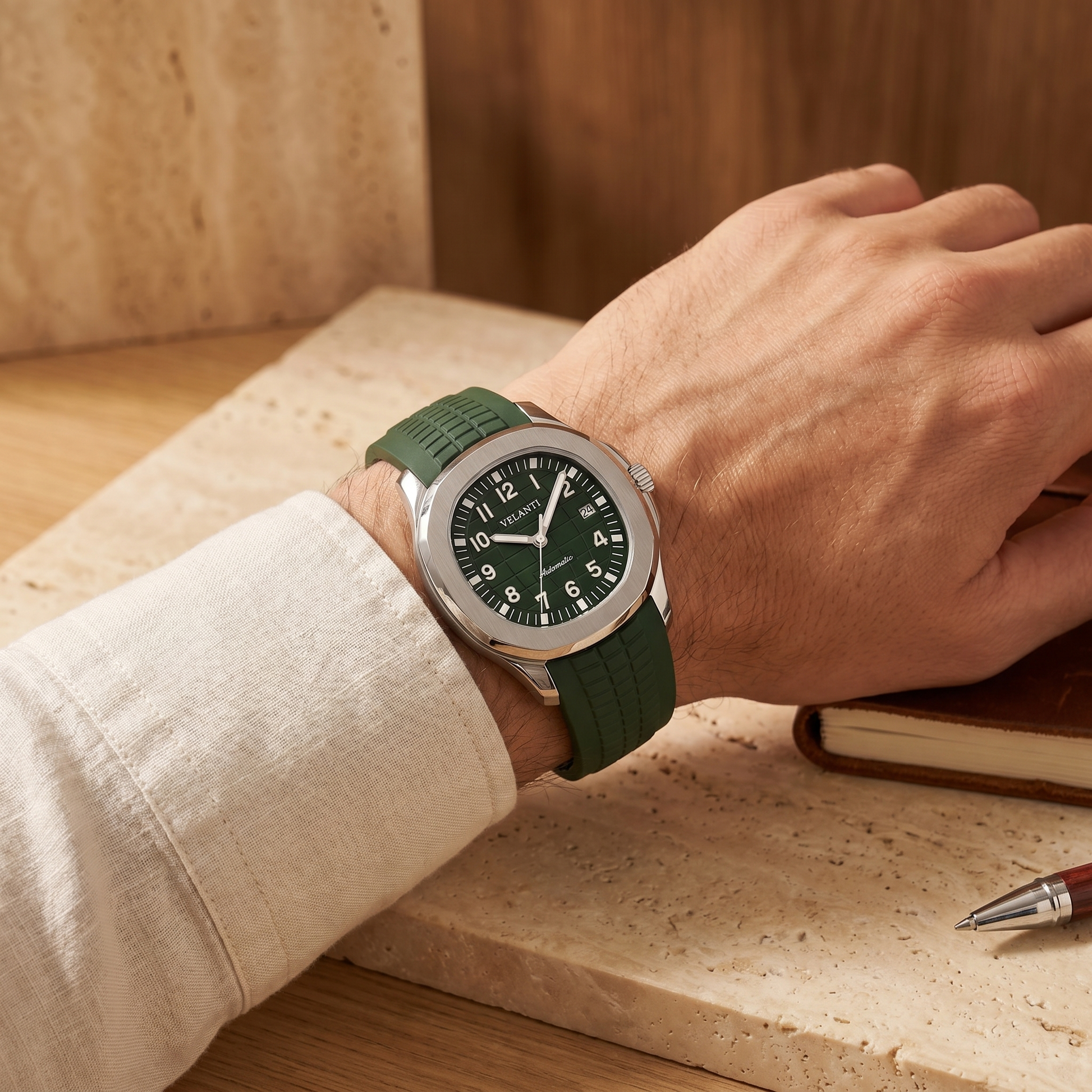 Aquanaut-style custom mod watch, Velanti Milano Velnaut Green worn on wrist photo 5