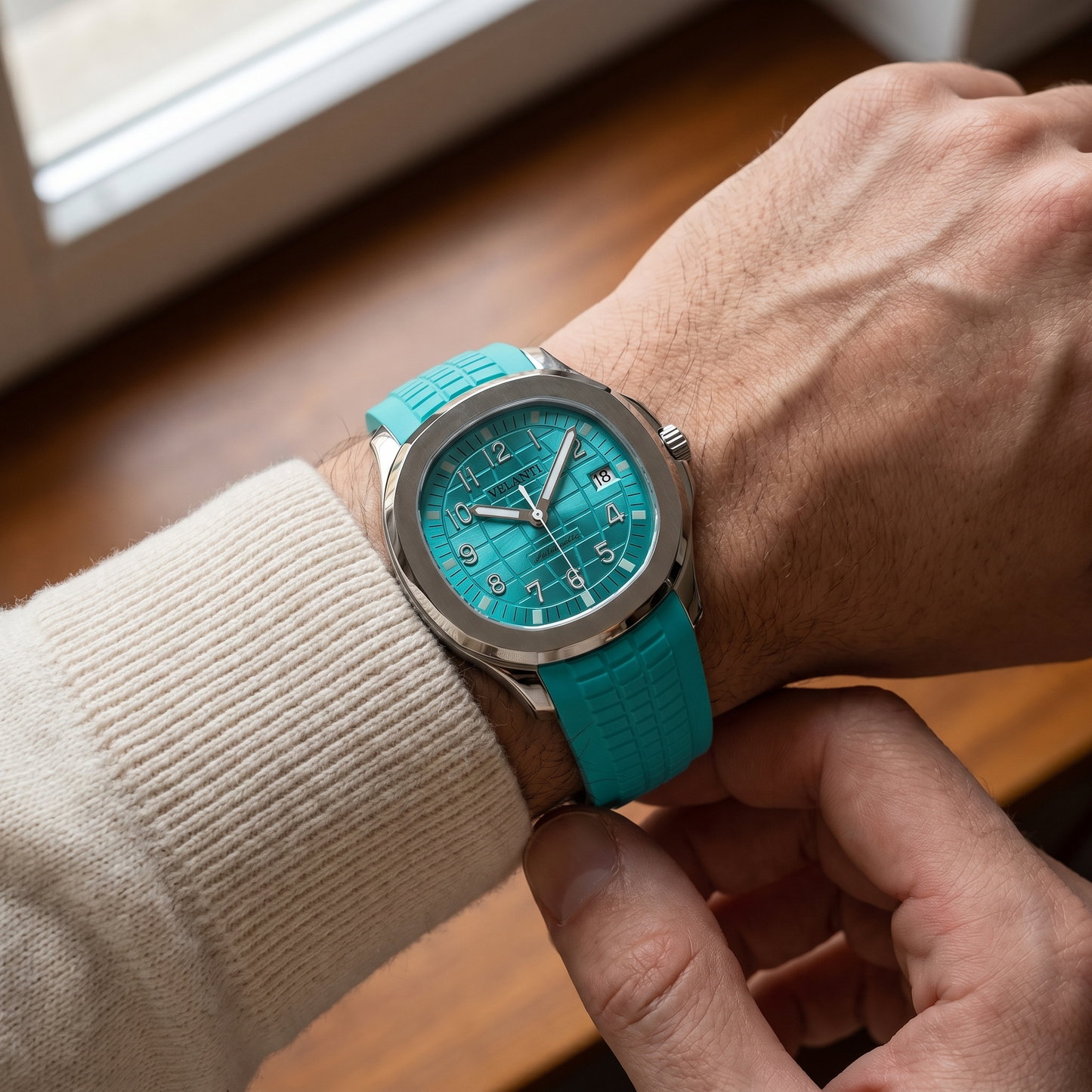 Aquanaut-style custom mod watch, Velanti Milano Velnaut Tiffany Metallic Blue worn on wrist photo 2