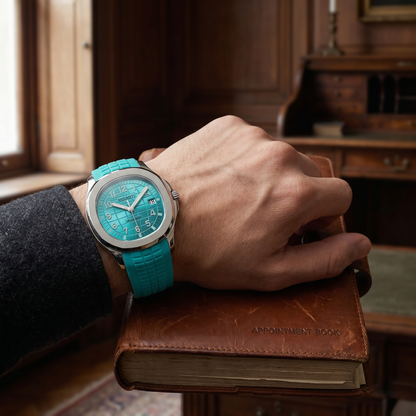 Aquanaut-style custom mod watch, Velanti Milano Velnaut Tiffany Metallic Blue worn on wrist photo 5