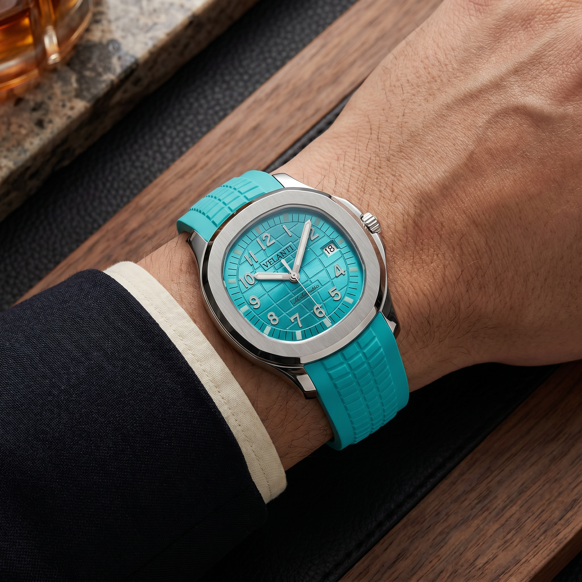 Aquanaut-style custom mod watch, Velanti Milano Velnaut Tiffany Metallic Blue worn on wrist photo 7