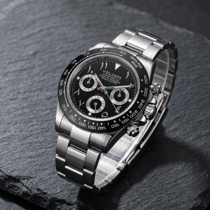 Daytona-style custom chronograph watch, Velanti Milano Veltona Arabic Black, bracelet detail photo