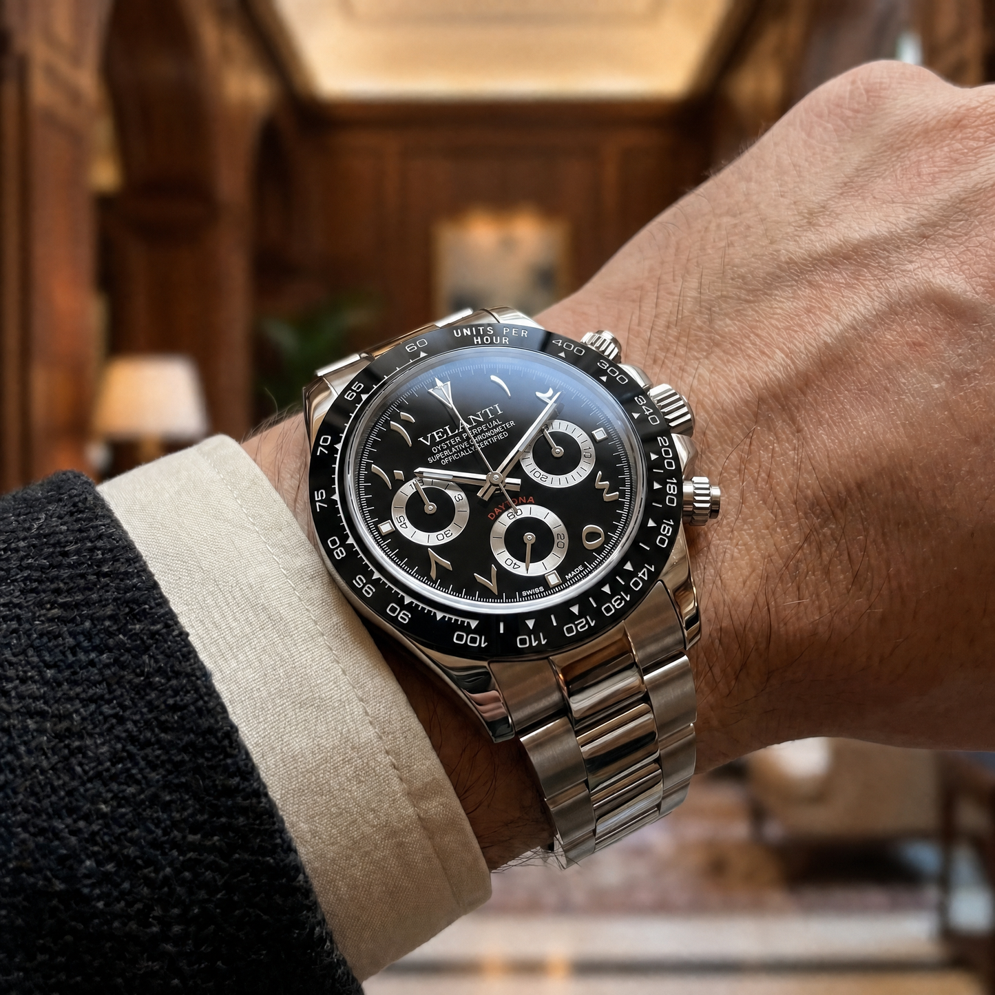 Daytona-style custom chronograph watch, Velanti Milano Veltona Arabic Black, product photo 4