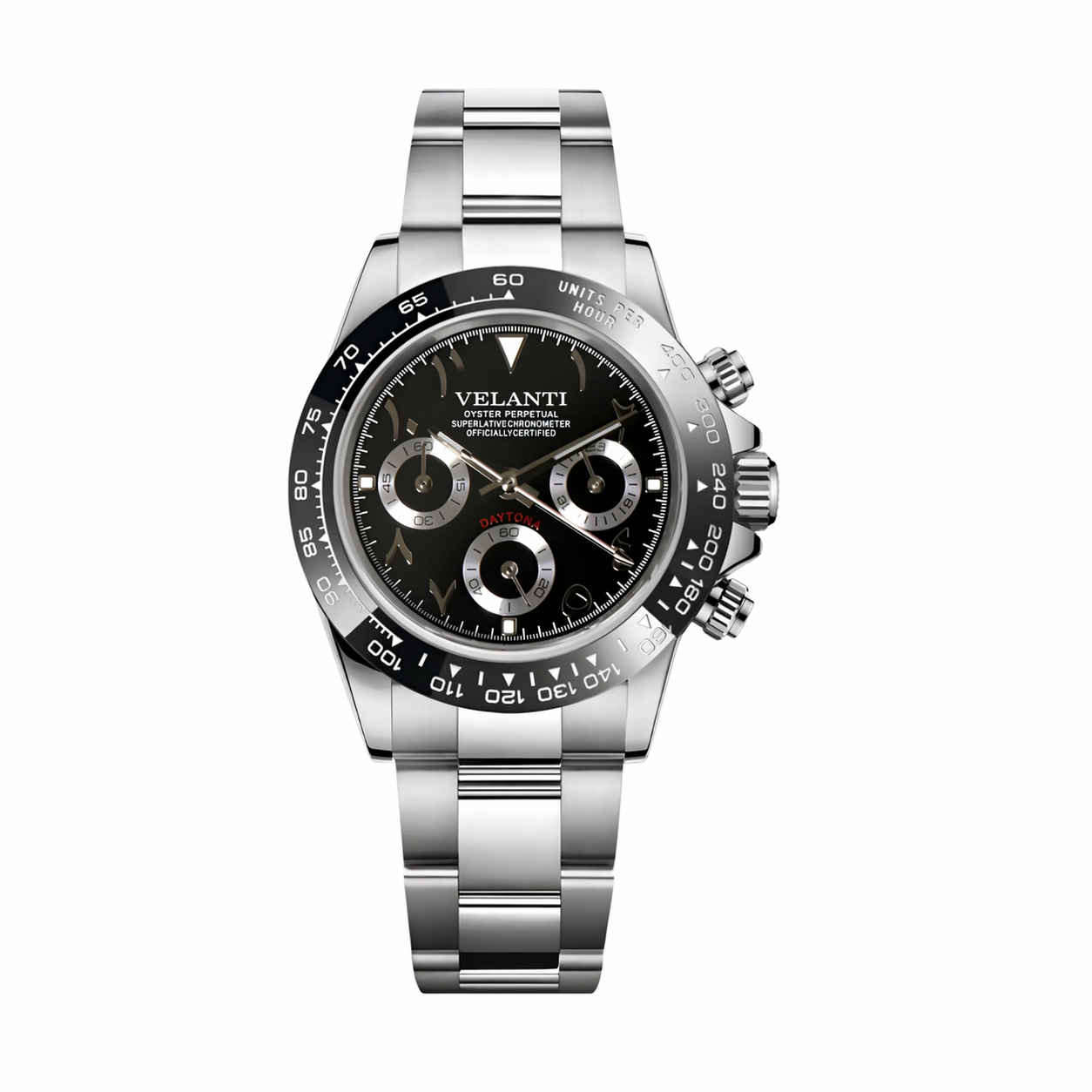 Daytona-style custom chronograph watch, Velanti Milano Veltona Arabic Black, main product photo