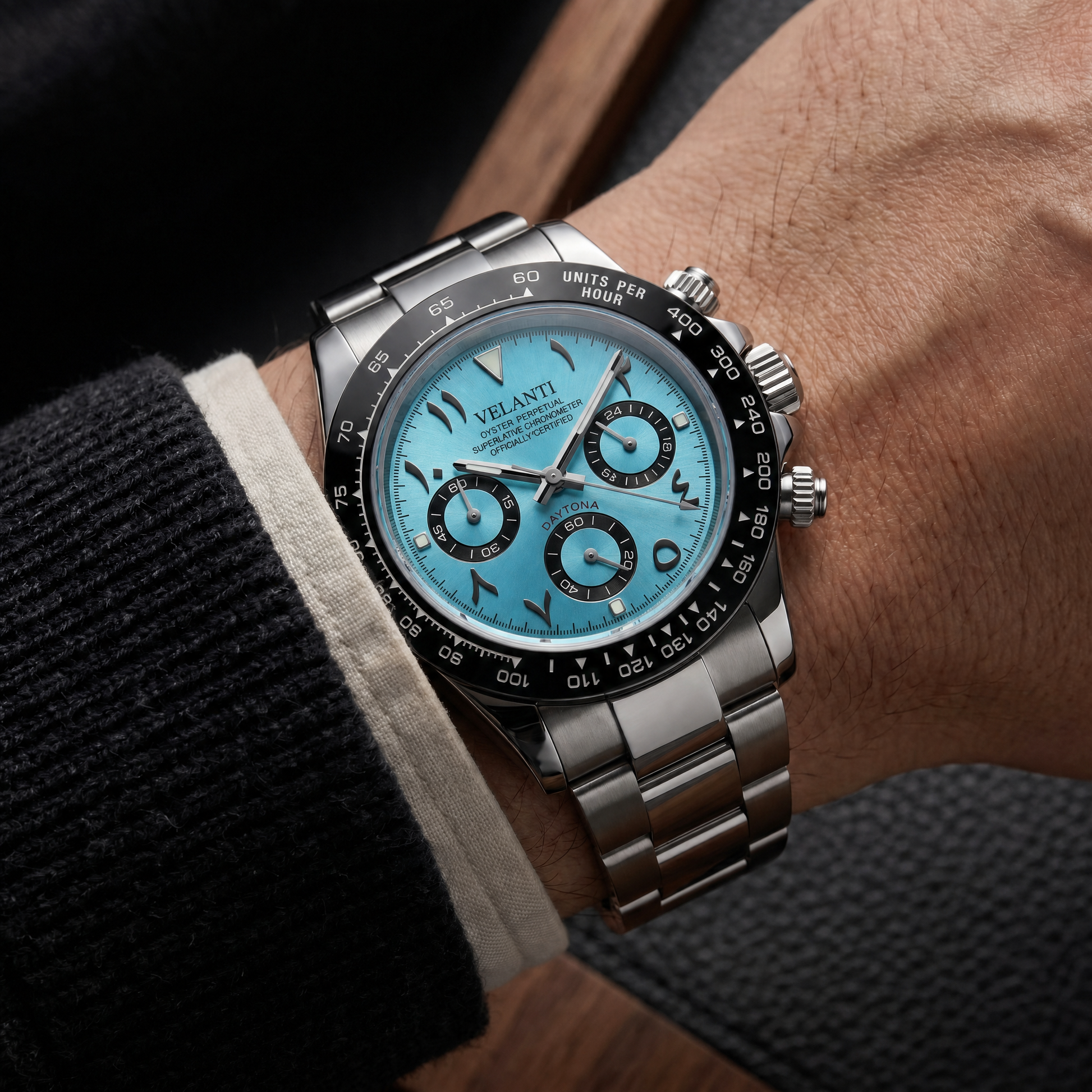 Daytona-style custom chronograph watch, Velanti Milano Veltona Arabic Ice Blue, product photo 4