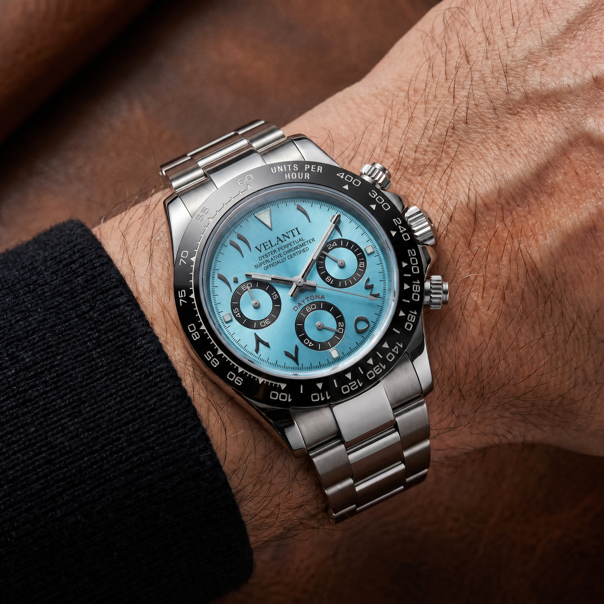 Daytona-style custom chronograph watch, Velanti Milano Veltona Arabic Ice Blue worn on wrist photo 5