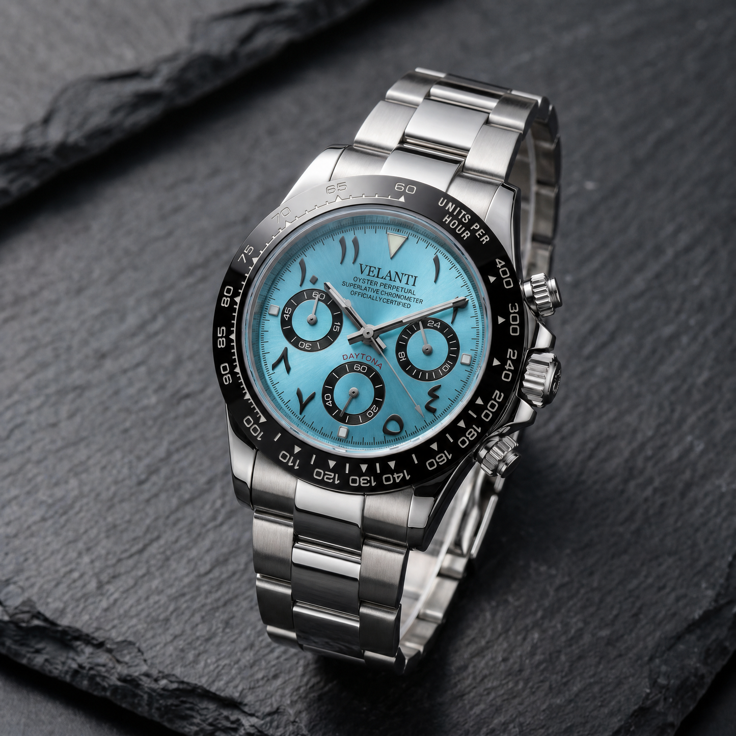 Daytona-style custom chronograph watch, Velanti Milano Veltona Arabic Ice Blue, bracelet detail photo