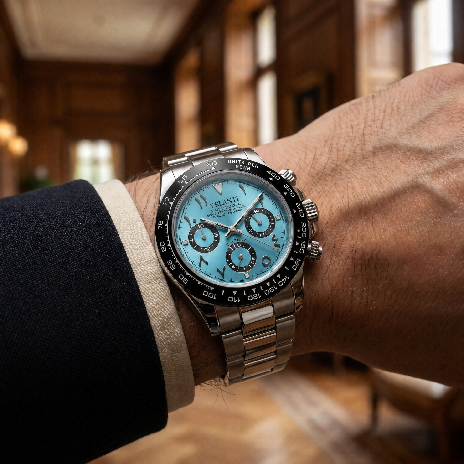 Daytona-style custom chronograph watch, Velanti Milano Veltona Arabic Ice Blue, product photo 7