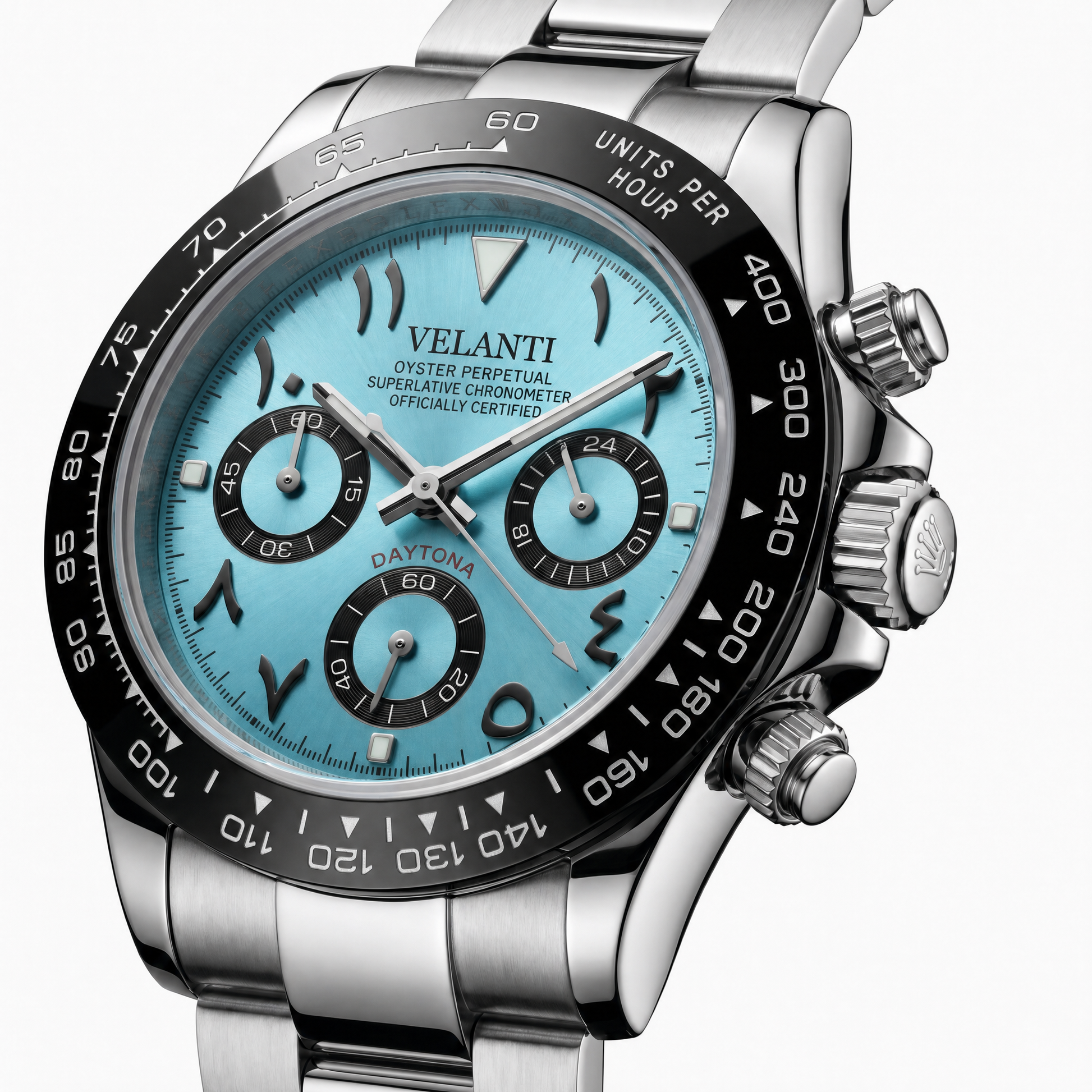 Daytona-style custom chronograph watch, Velanti Milano Veltona Arabic Ice Blue, watch detail photo 8