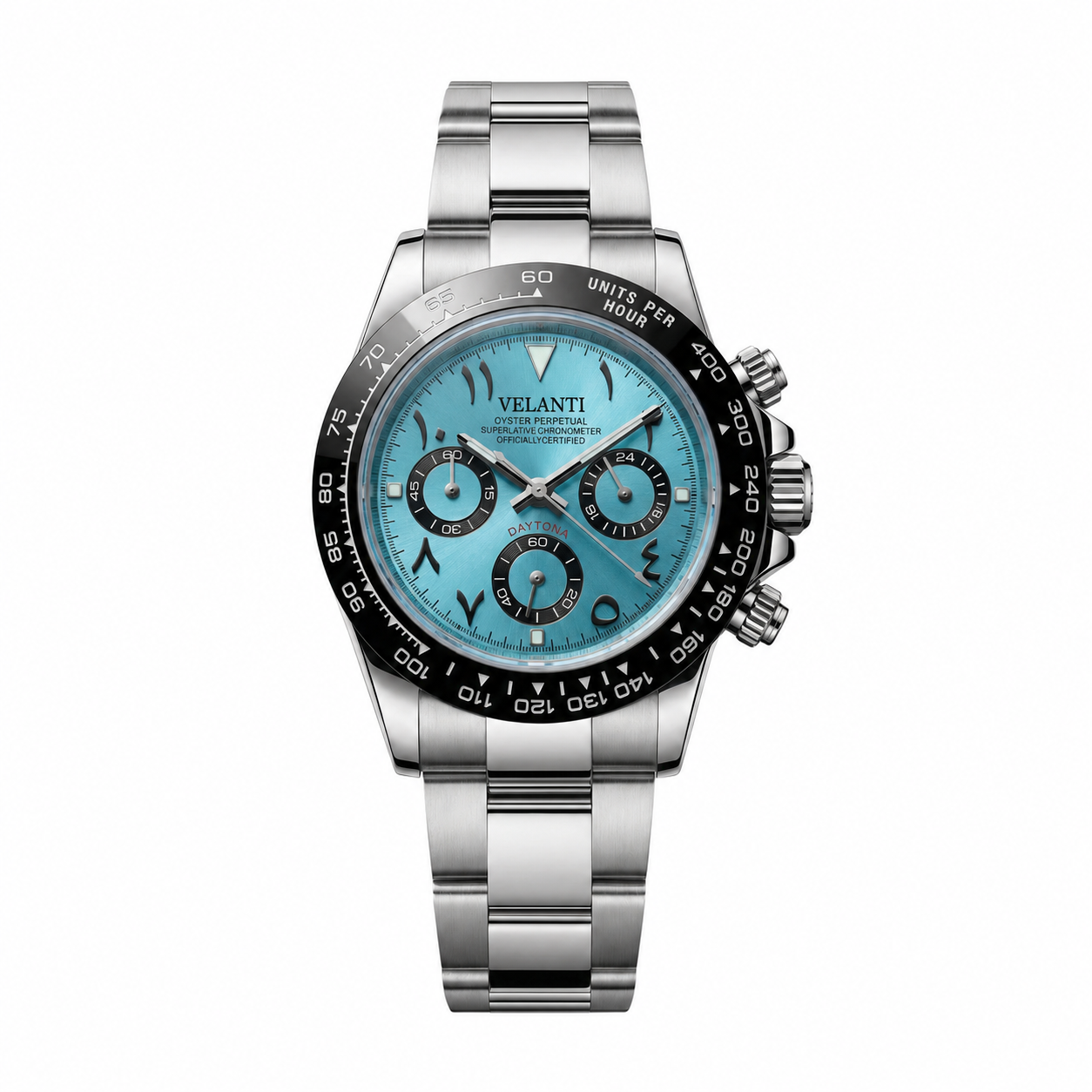 Daytona-style custom chronograph watch, Velanti Milano Veltona Arabic Ice Blue, main product photo