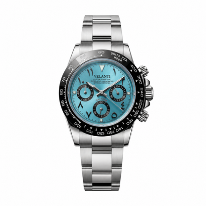 Daytona-style custom chronograph watch, Velanti Milano Veltona Arabic Ice Blue, main product photo