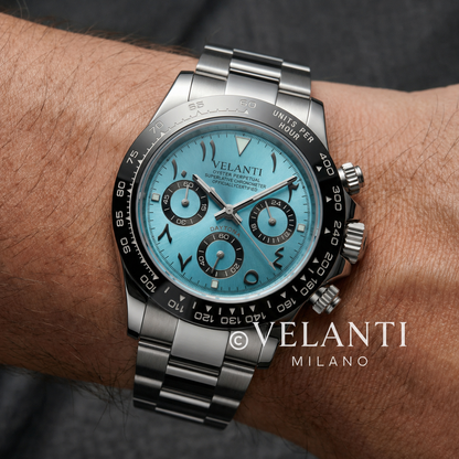 Daytona-style custom chronograph watch, Velanti Milano Veltona Arabic Ice Blue, product photo 2