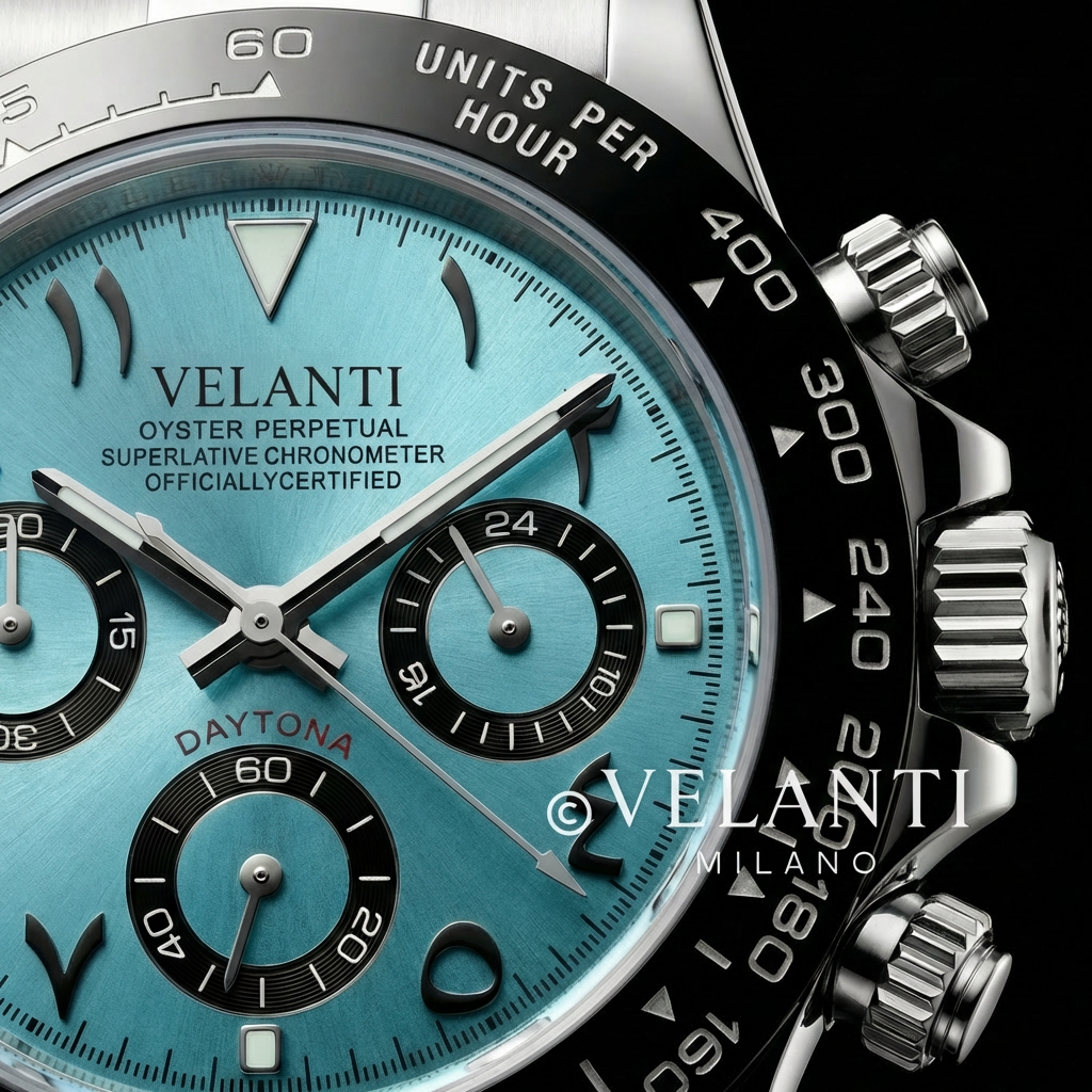 Daytona-style custom chronograph watch, Velanti Milano Veltona Arabic Ice Blue, product photo 3