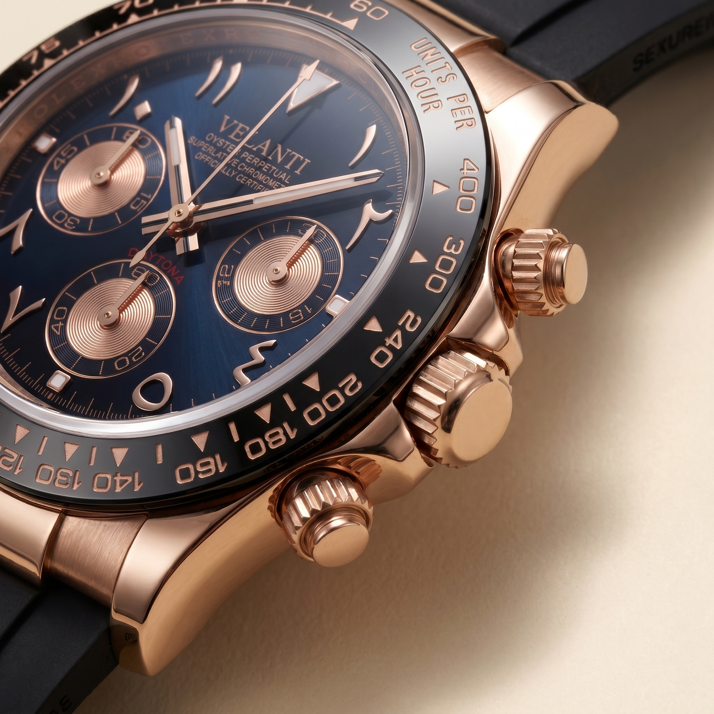 Daytona-style custom chronograph watch, Velanti Milano Veltona Arabic Rose Gold, product photo 10