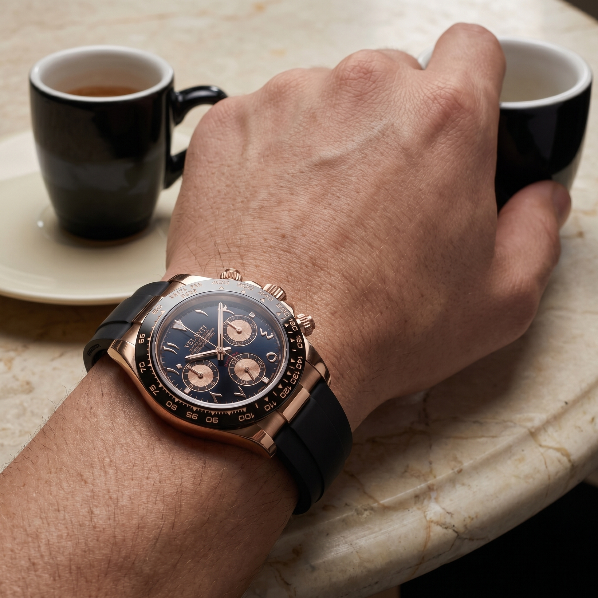 Daytona-style custom chronograph watch, Velanti Milano Veltona Arabic Rose Gold, product photo 3