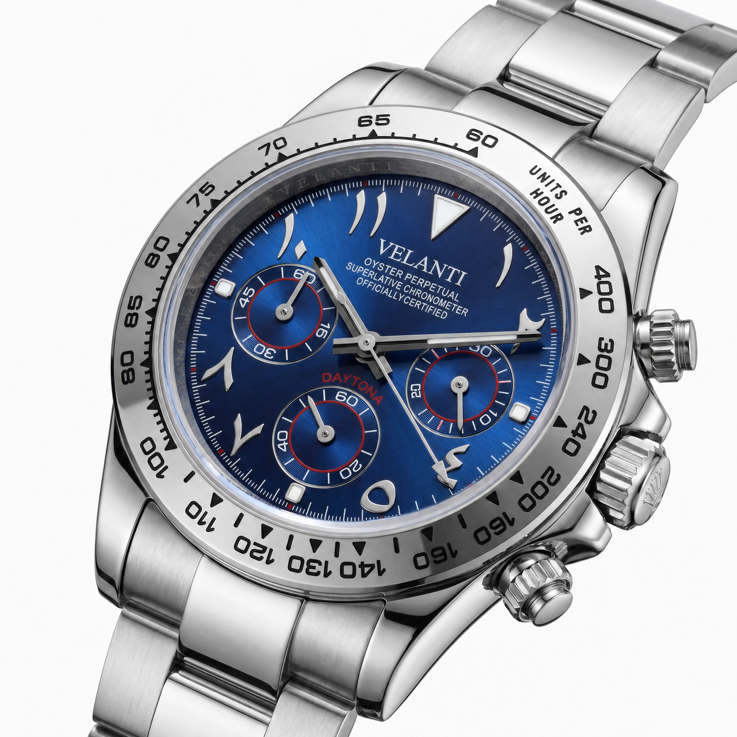Daytona-style custom chronograph watch, Velanti Milano Veltona Arabic Royal Blue, watch detail photo
