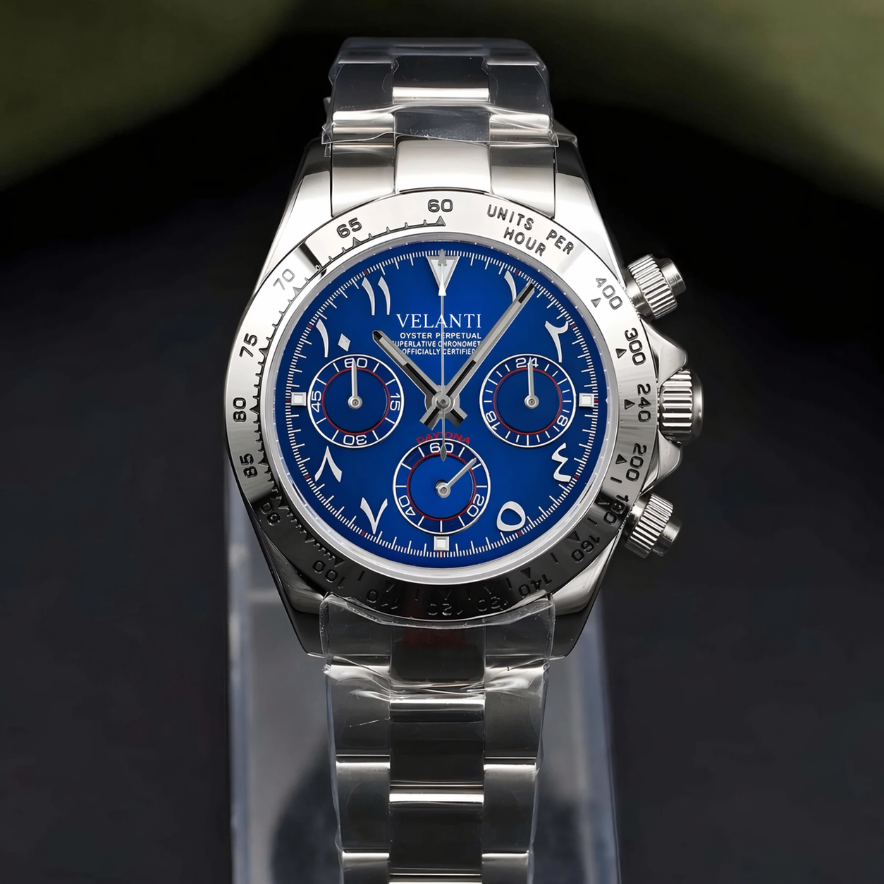 Daytona-style custom chronograph watch, Velanti Milano Veltona Arabic Royal Blue, product photo 3
