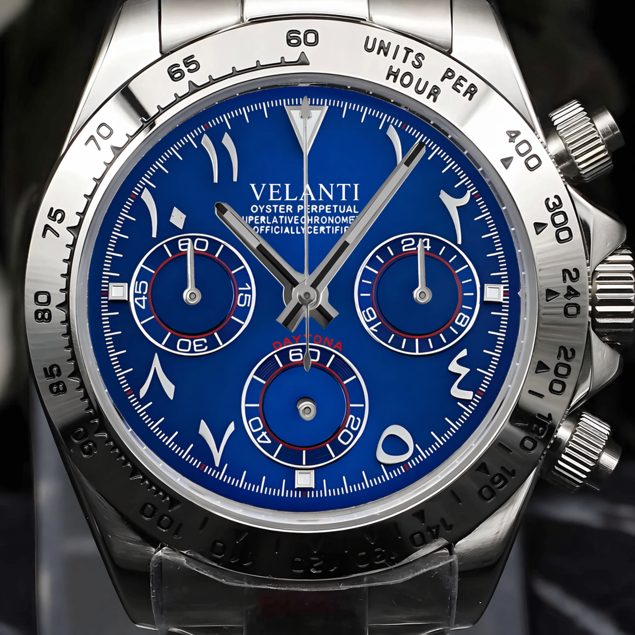 Daytona-style custom chronograph watch, Velanti Milano Veltona Arabic Royal Blue, product photo 4