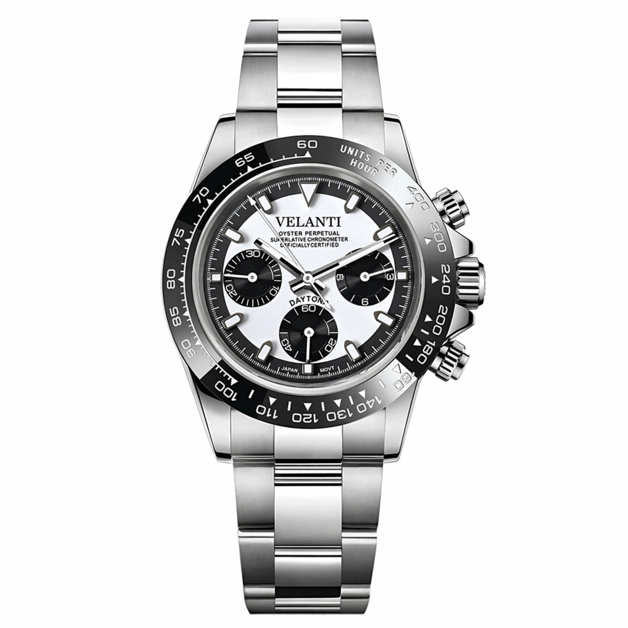 Daytona-style custom chronograph watch, Velanti Milano Veltona Black White, main product photo