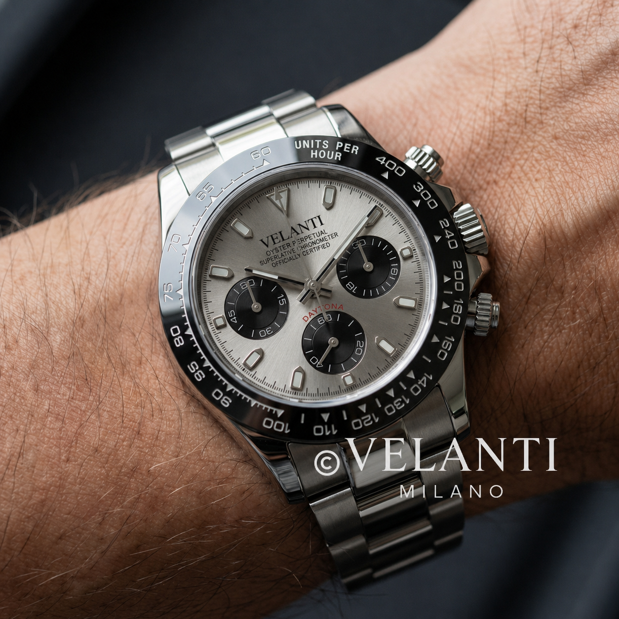 Daytona-style custom chronograph watch, Velanti Milano Veltona Champagne, product photo 2