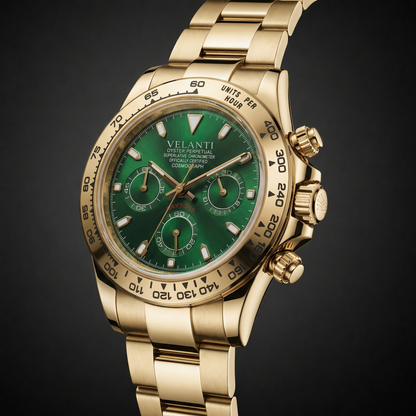 Daytona-style custom chronograph watch, Velanti Milano Veltona Gold Green, product photo 2