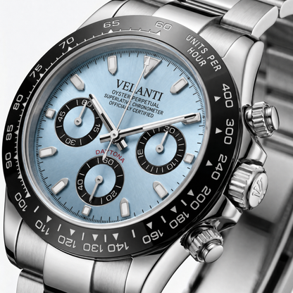 Daytona-style custom chronograph watch, Velanti Milano Veltona Ice Blue, watch detail photo