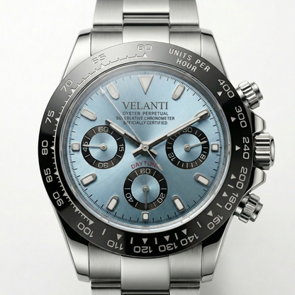 Daytona-style custom chronograph watch, Velanti Milano Veltona Ice Blue, product photo 4