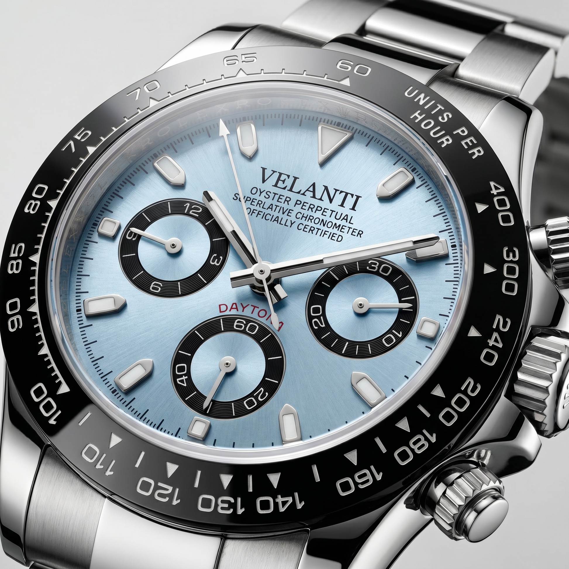 Daytona-style custom chronograph watch, Velanti Milano Veltona Ice Blue, product photo 3