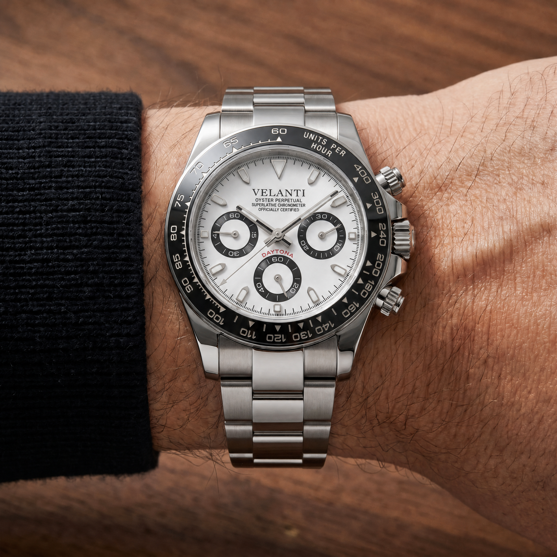 Daytona-style custom chronograph watch, Velanti Milano Veltona Panda worn on wrist
