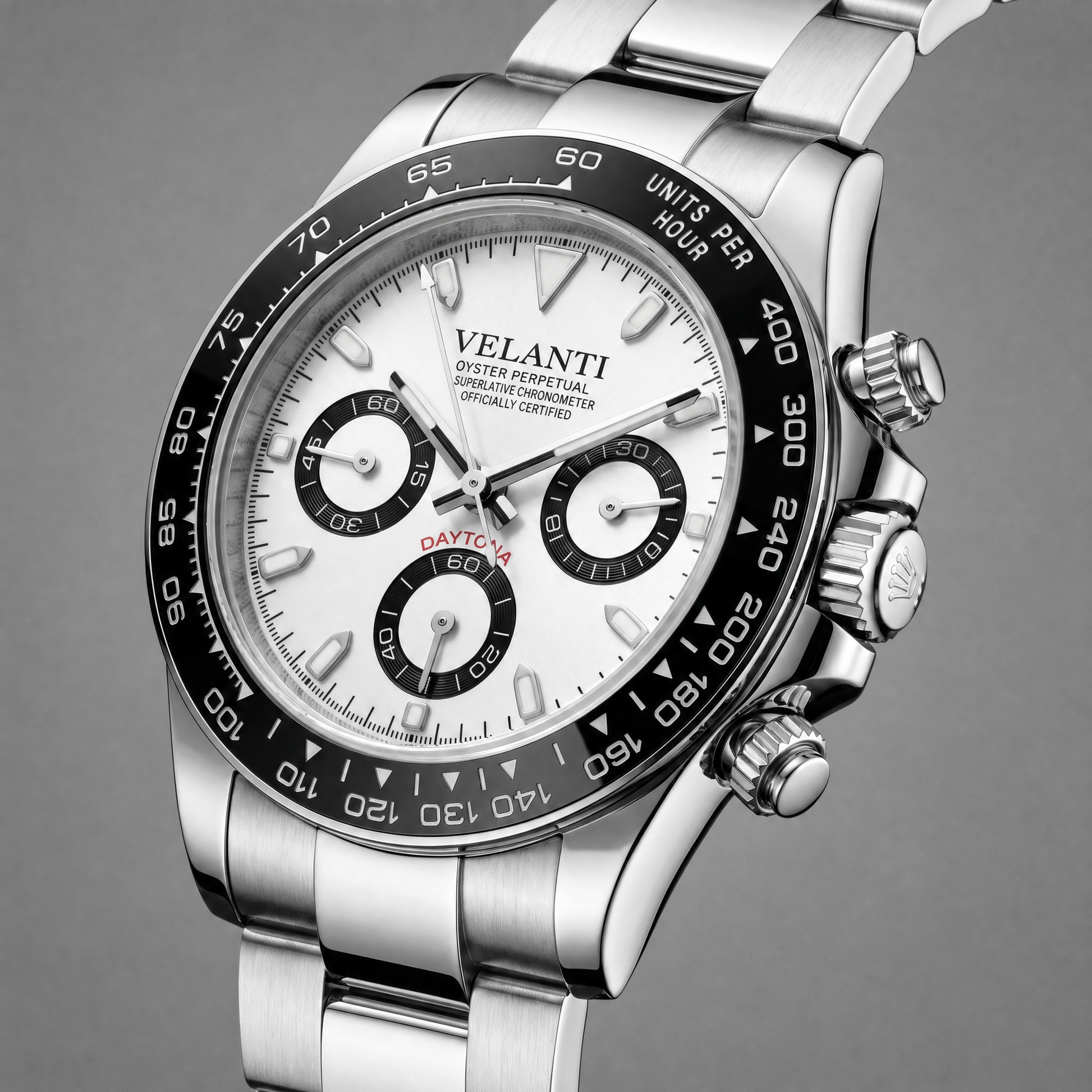 Daytona-style custom chronograph watch, Velanti Milano Veltona Panda, watch detail photo