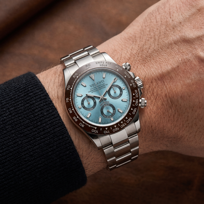 Daytona-style custom chronograph watch, Velanti Milano Veltona Platinum worn on wrist photo 4