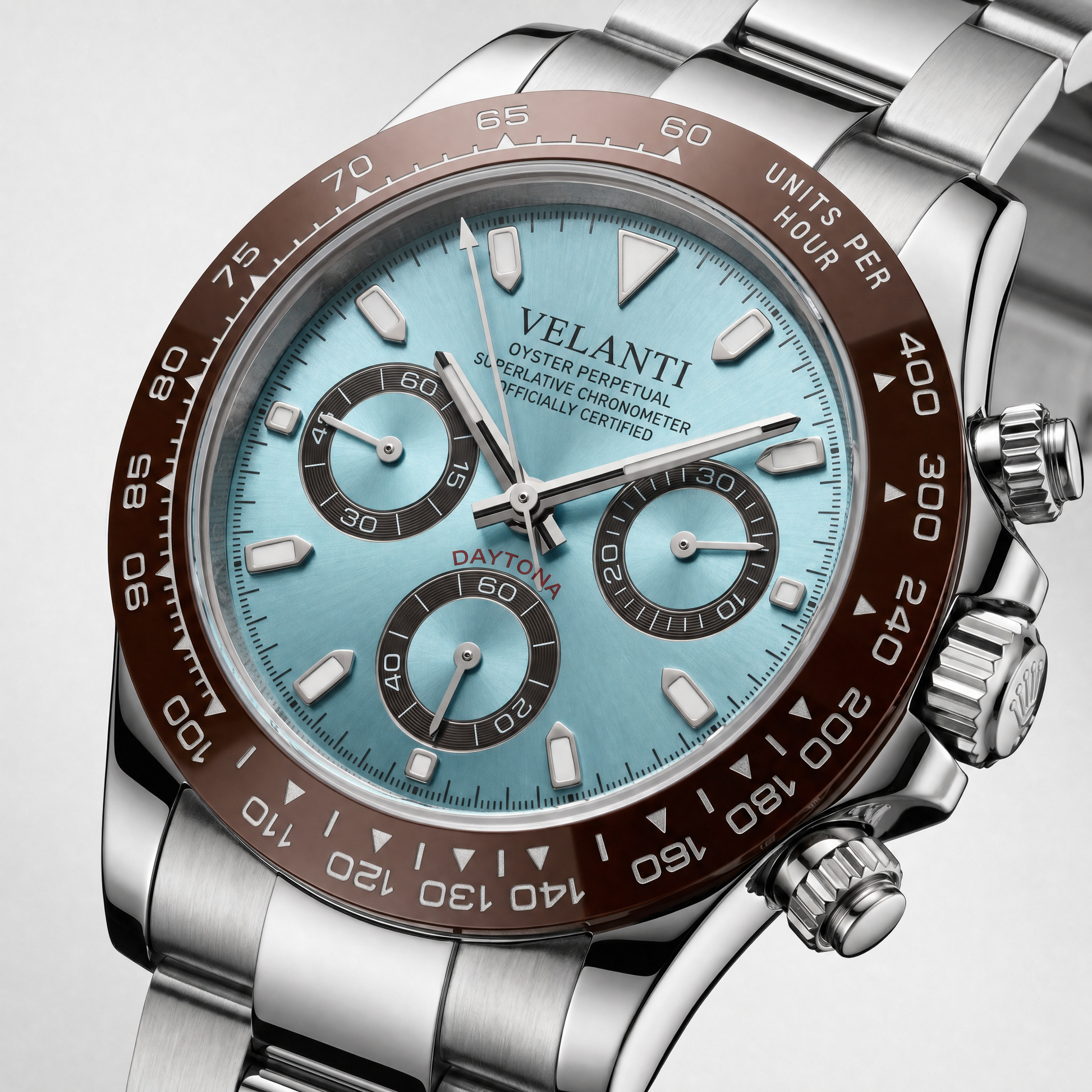 Daytona-style custom chronograph watch, Velanti Milano Veltona Platinum, watch detail photo 6