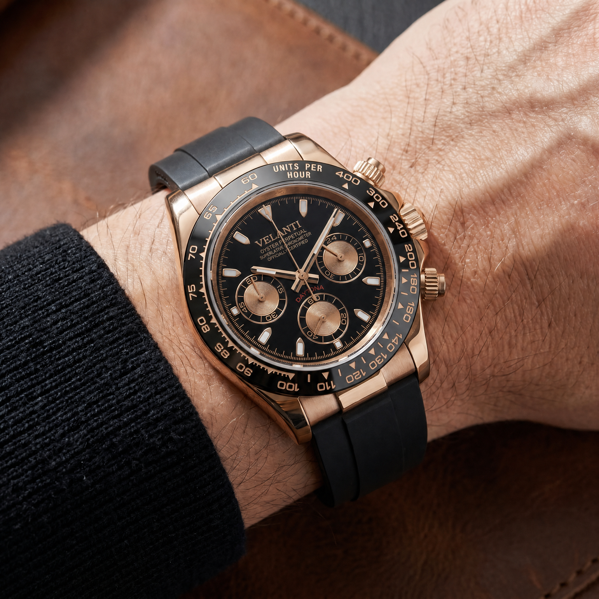 Daytona-style custom chronograph watch, Velanti Milano Veltona Rose Gold worn on wrist