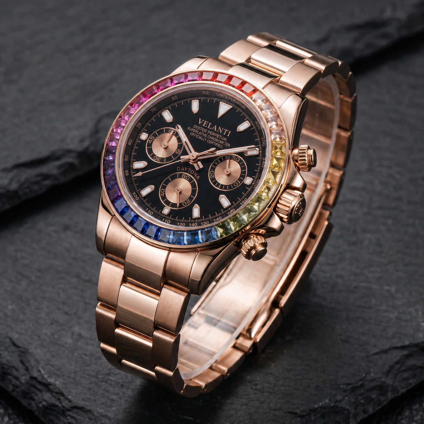 Daytona-style custom chronograph watch, Velanti Milano Veltona Rose Gold Rainbow, bracelet detail photo