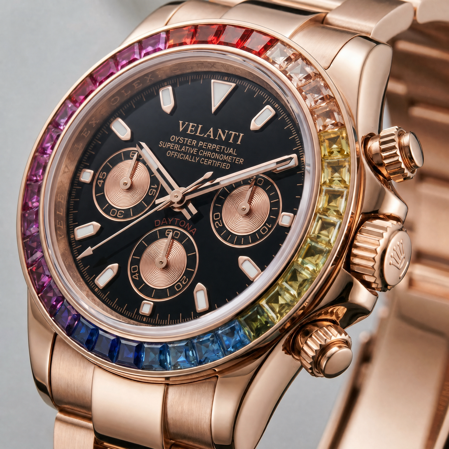Daytona-style custom chronograph watch, Velanti Milano Veltona Rose Gold Rainbow, watch detail photo 9