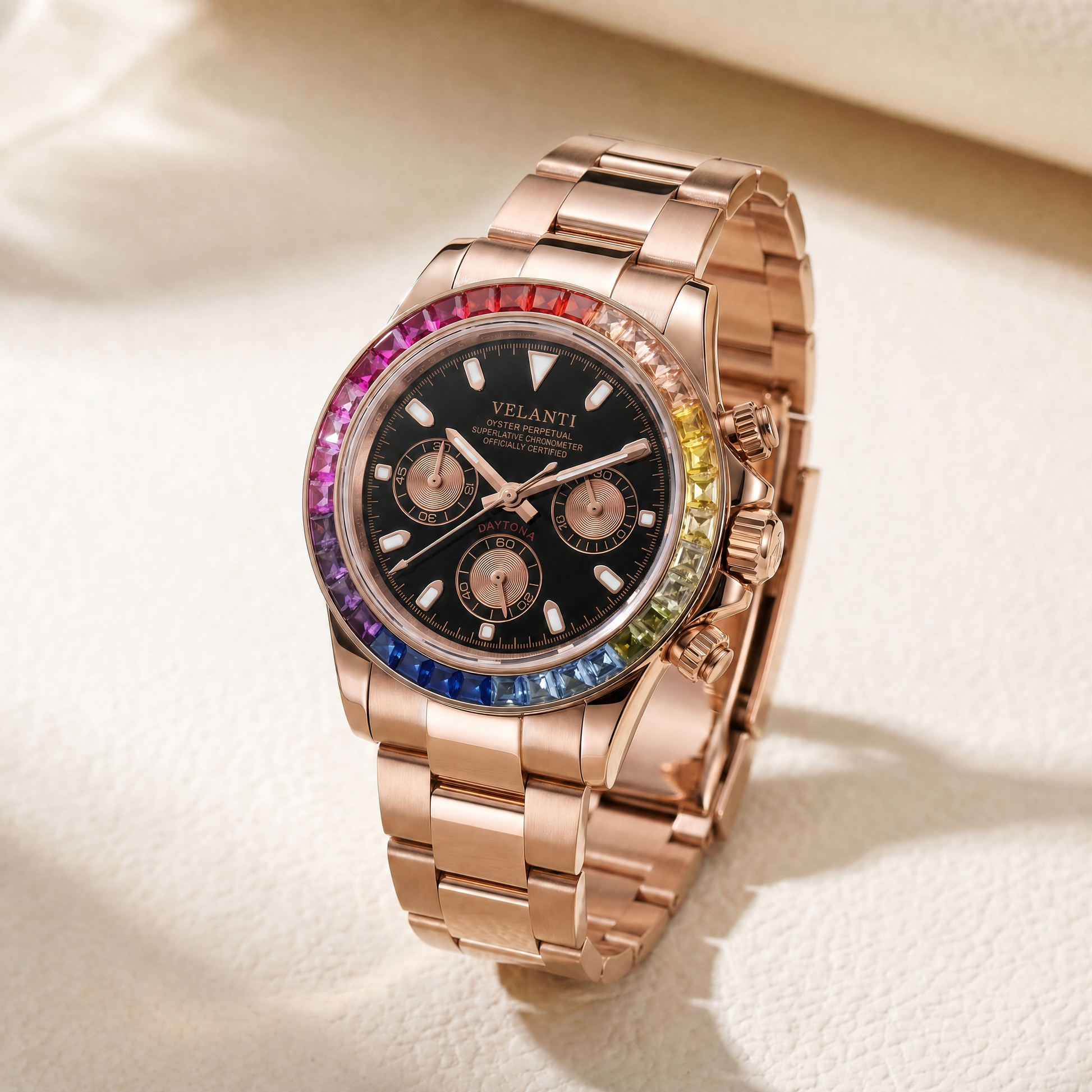 Daytona-style custom chronograph watch, Velanti Milano Veltona Rose Gold Rainbow, watch detail photo 10