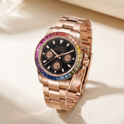 Daytona-style custom chronograph watch, Velanti Milano Veltona Rose Gold Rainbow, watch detail photo 10