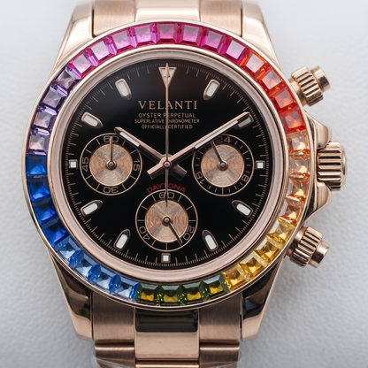 Daytona-style custom chronograph watch, Velanti Milano Veltona Rose Gold Rainbow, product photo 4
