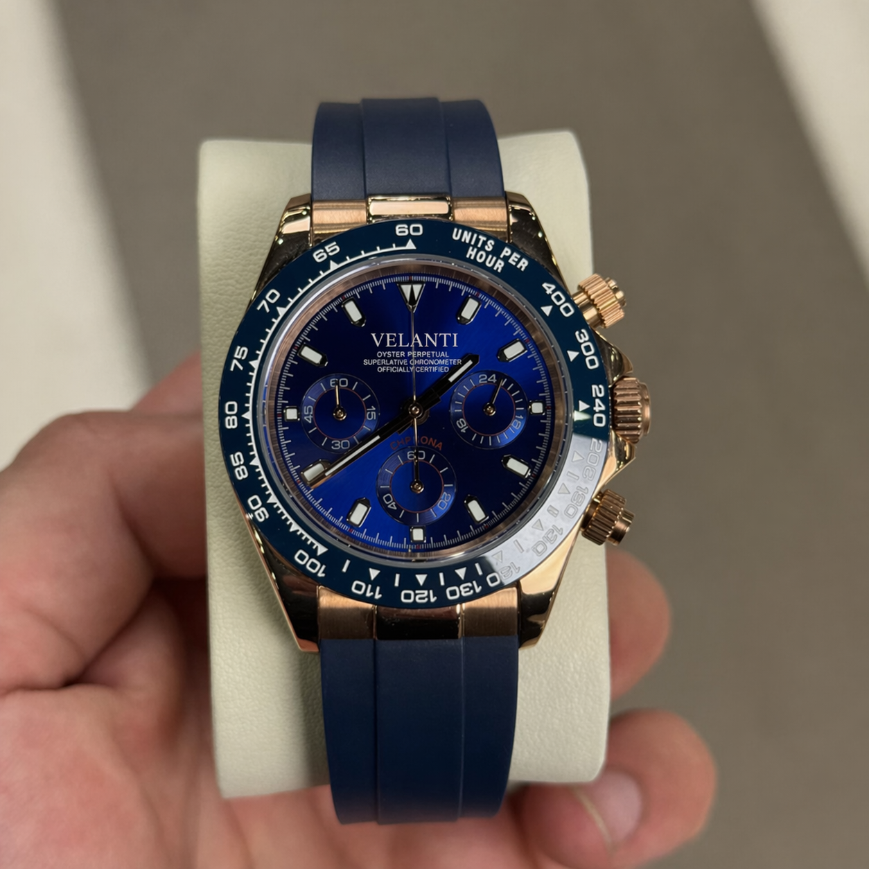 Daytona-style custom chronograph watch, Velanti Milano Veltona Royal Blue, product photo 2