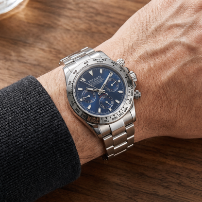 Daytona-style custom chronograph watch, Velanti Milano Veltona Silver Blue worn on wrist