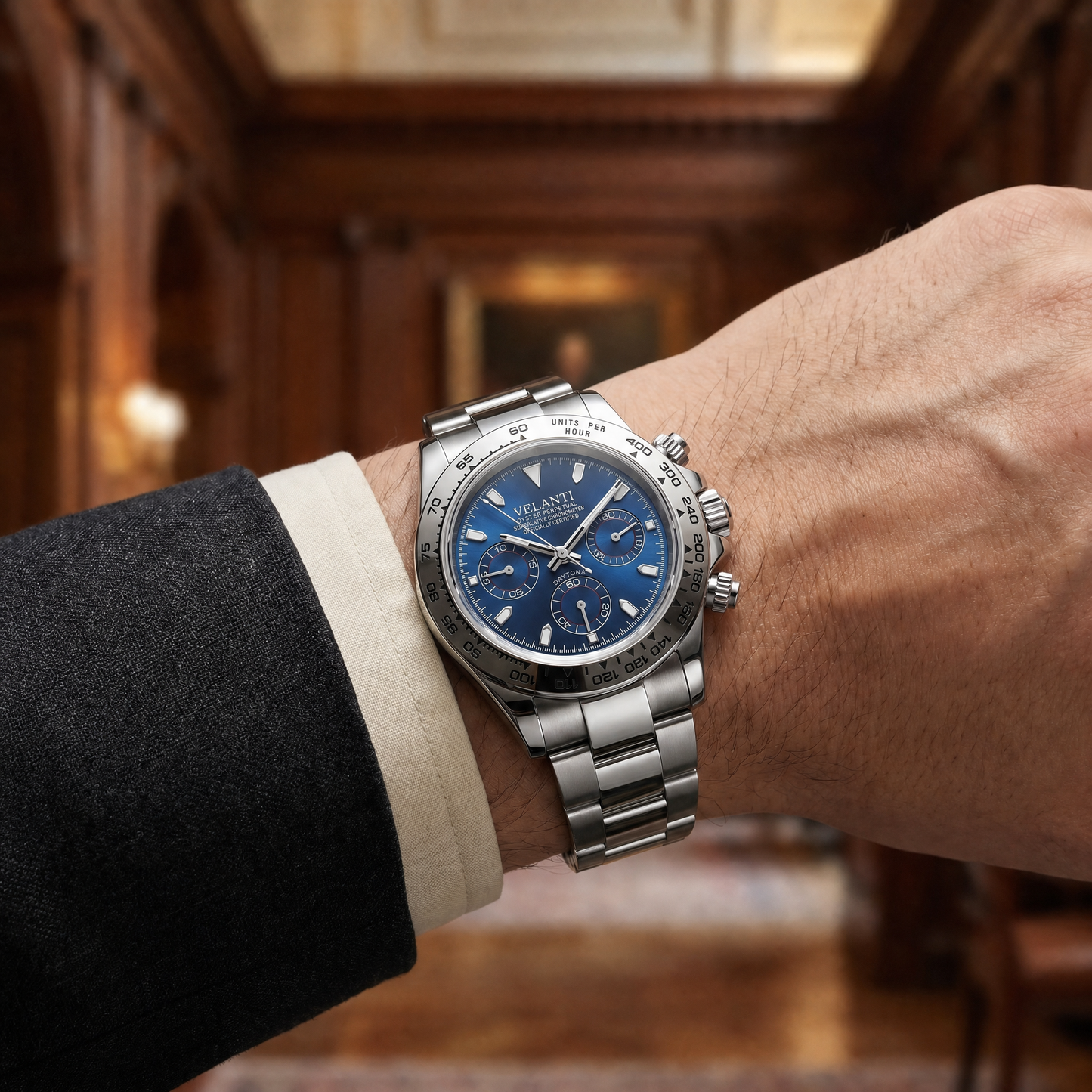 Daytona-style custom chronograph watch, Velanti Milano Veltona Silver Blue, product photo 4