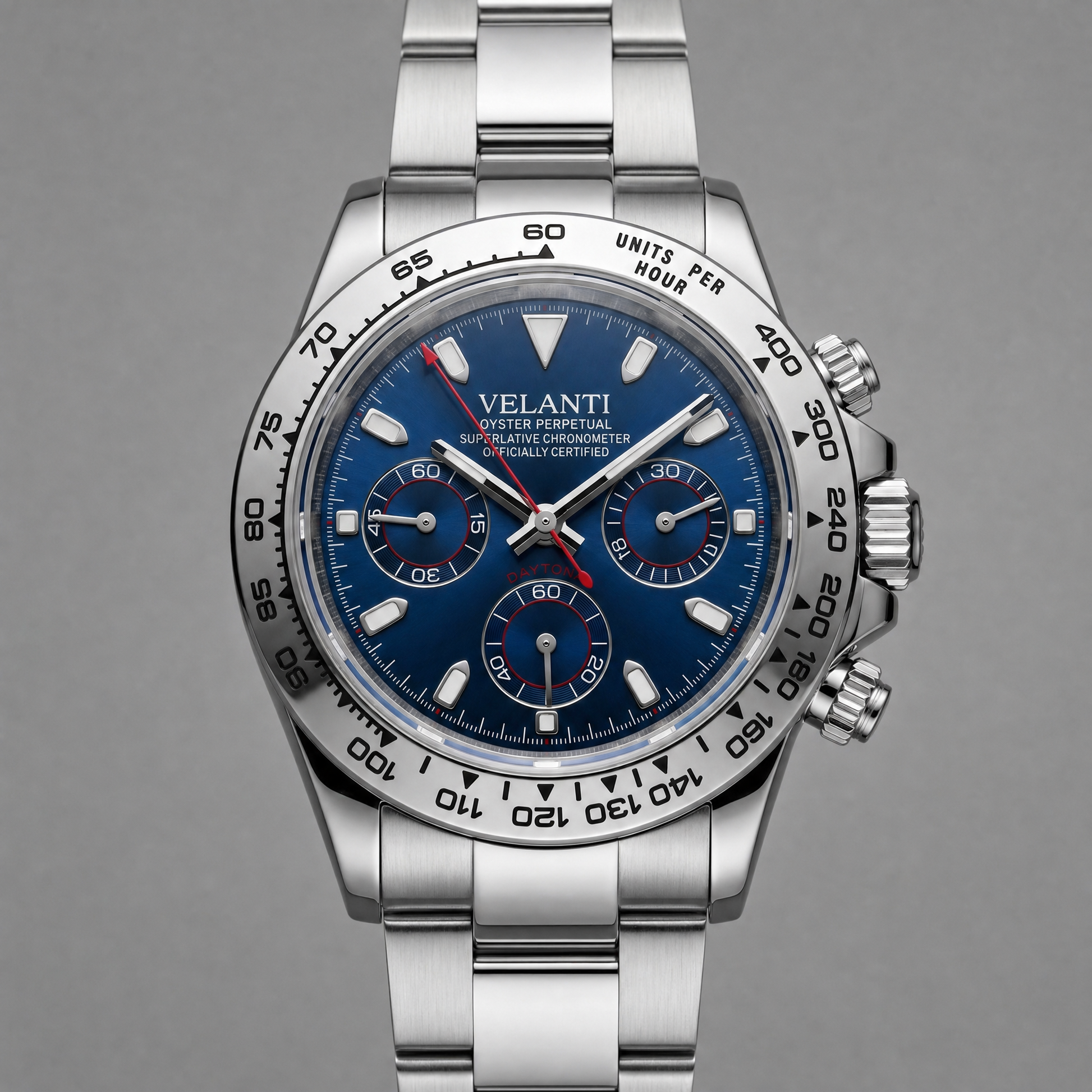 Daytona-style custom chronograph watch, Velanti Milano Veltona Silver Blue, watch detail photo 5