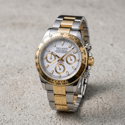 Daytona-style custom chronograph watch, Velanti Milano Veltona Silver Gold (White), bracelet detail photo