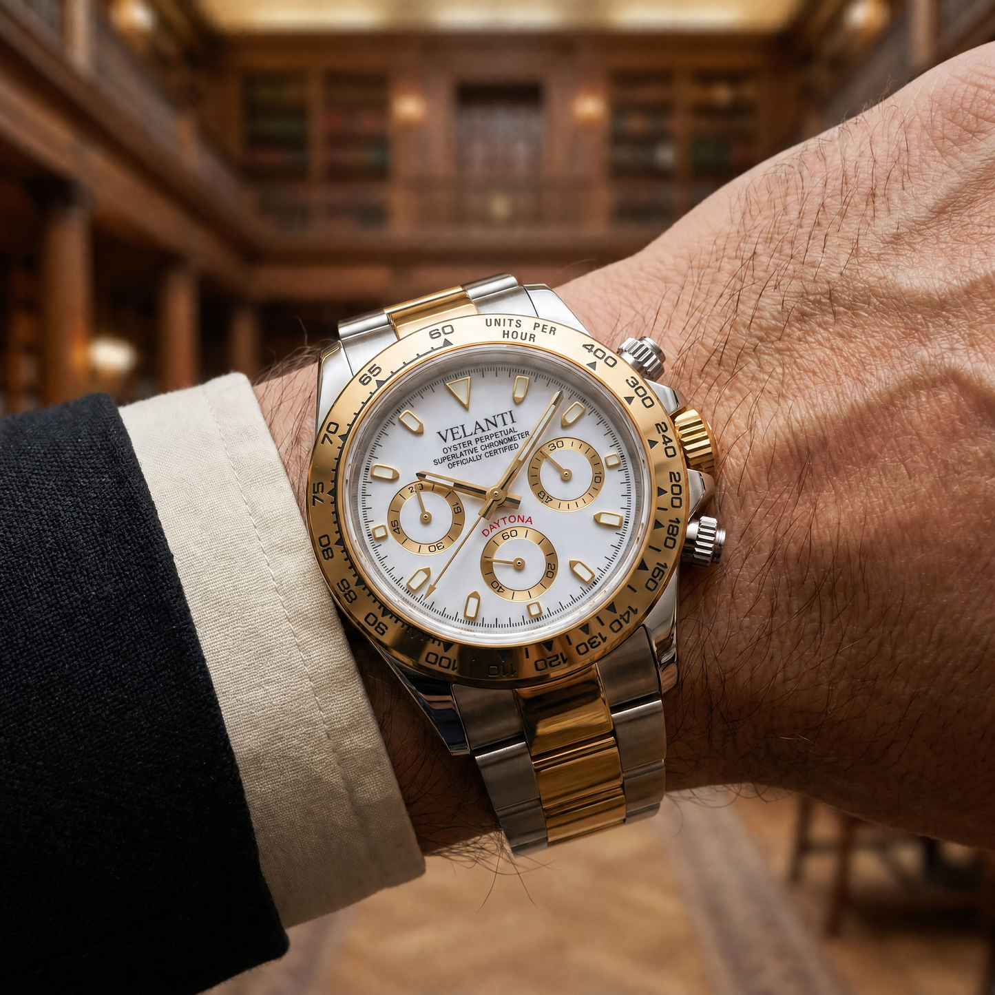 Daytona-style custom chronograph watch, Velanti Milano Veltona Silver Gold (White), product photo 6