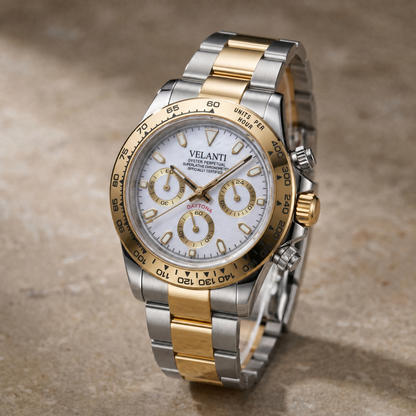 Daytona-style custom chronograph watch, Velanti Milano Veltona Silver Gold (White), watch detail photo 8