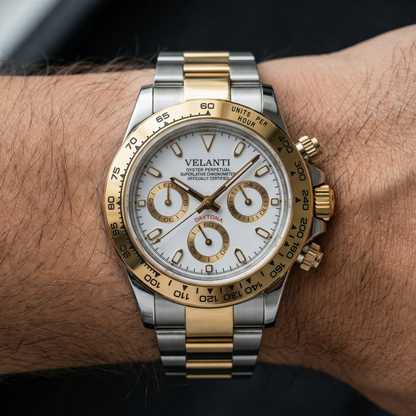 Daytona-style custom chronograph watch, Velanti Milano Veltona Silver Gold (White), product photo 2